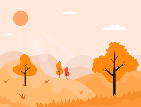 Vibrant autumn landscape illustration featuring rolling hills, bright sun with rays, white clouds, and colorful orange and red trees in a clean flat design vector style.