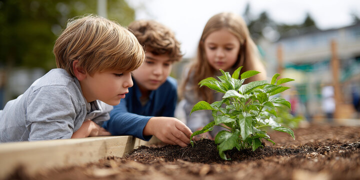 Three children closely examining a young green plant growing in a raised garden bed outdoors during daytime