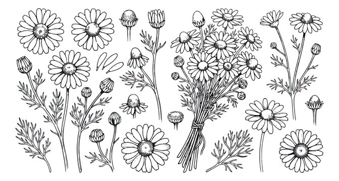 Vintage chamomile flower botanical sketches, hand drawn daisy floral elements set, black and white medicinal herb vector illustrations for packaging