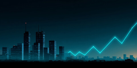 Naklejka premium Night city skyline with illuminated skyscrapers and glowing upward trending graph line symbolizing business growth and financial success