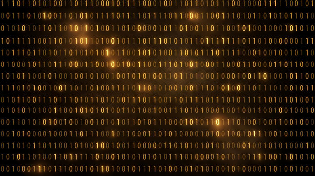 Glowing Golden Binary Code on Black Background, Abstract Digital Data Stream and Cyber Security Concept