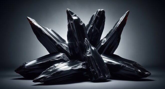 A striking arrangement of polished black obsidian shards, sharp and glossy against a subdued background