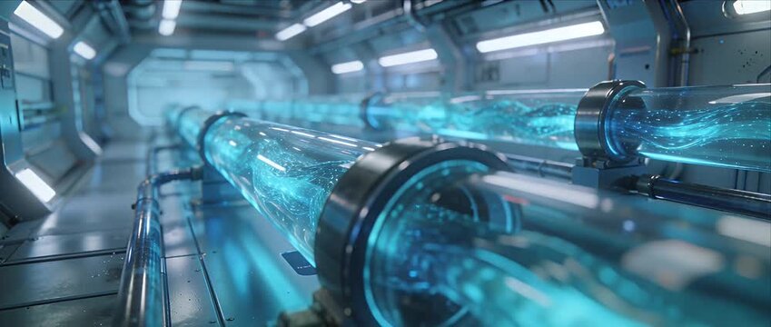 Futuristic laboratory glowing energy tube science fiction corridor blue light technology digital data stream advanced research facility cyberpunk interior high tech tunnel industrial metal clean