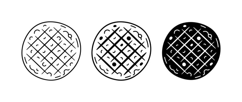 Waffle Icons: Simple Grid Pattern, Breakfast Food, Round Shape, Vector Graphics