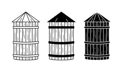 Wooden Water Towers, Farm Silo Icons, Rural Storage Structures, Agricultural Building Vector Set © Imtiaz