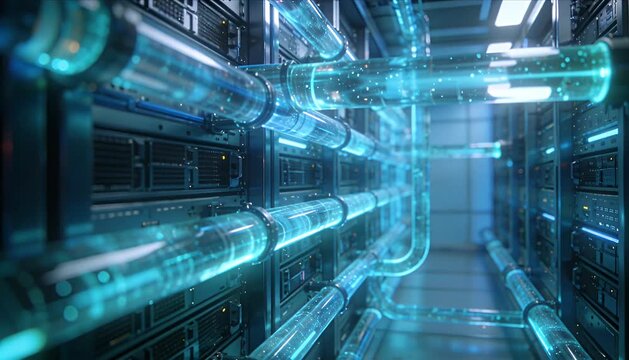 Futuristic server room data center background with blue light neon glow fiber optic digital network connection cyber security tunnel technology innovation high tech computer hardware