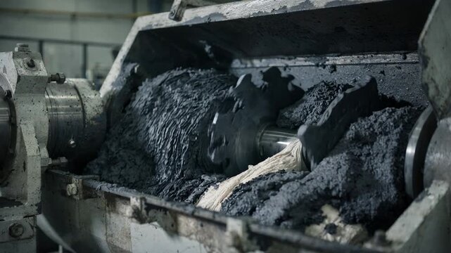 Medium shot footage of internal mixers blending carbon black into synthetic rubber for highload compounding showing intensive filler dispersion and thickening rubber texture