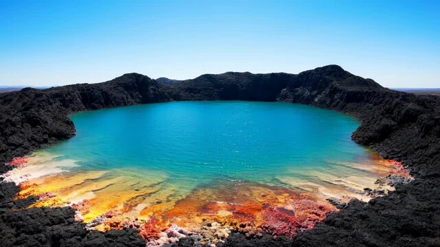 Stunning Crater Lake Surrounded by Black Lava Rock Landscape