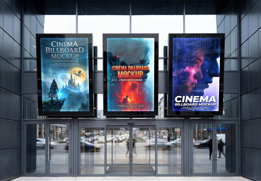 Three Modern Movie Theater Billboards Mockup for Cinematic Advertising and Branding Presentation