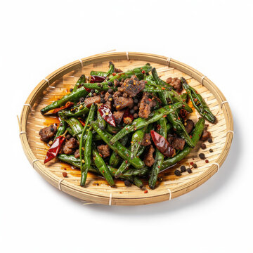 Gan Bian Si Ji Dou Dry Fried Green Beans Isolated on White Background Square Composition Studio Shot