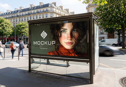Billboard Bus Shelter In Bright European City Mockup