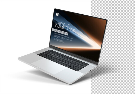 Isolated Silver Laptop with Shadow Floating on White Background Mockup