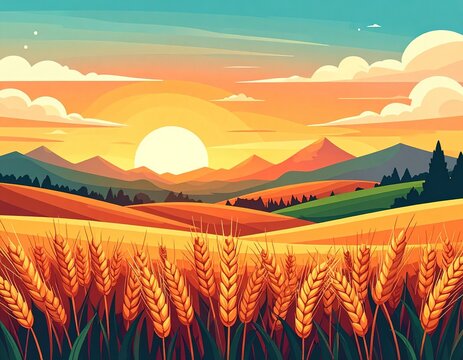 Golden wheat field at sunset landscape.