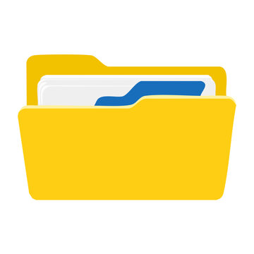 Yellow file folder with documents and blue tab