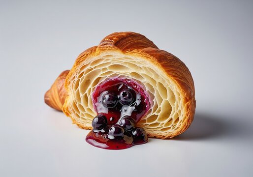 Flaky croissant sliced in half with rich blueberry filling spilling out