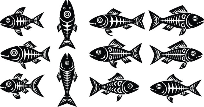 Fish Skeleton Bone Silhouette Icon Set Featuring Detailed Xray Ribs and Marine Anatomy Vector Illustrations