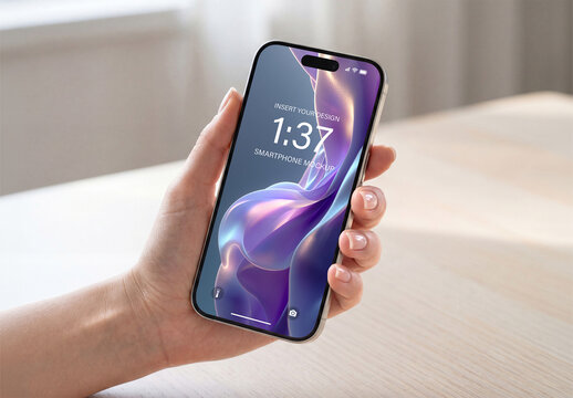 Woman&rsquo;s Left Hand Holding Modern Mobile Phone Mockup