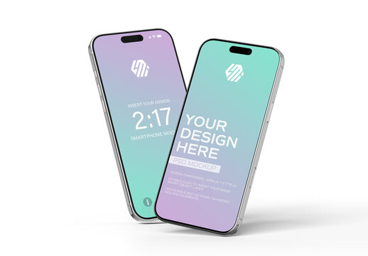 Two Floating Glossy Smartphones with Editable Shadow and Background Mockup