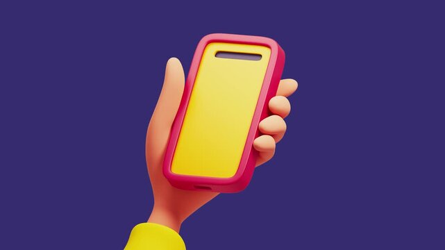 Loopable 3D animation. Hand holding phone in red case with yellow screen on purple background. Green message popup with checkmark appears, finger swipes it away, and notification disappears.