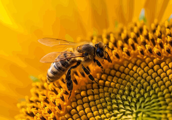 A honey bee foraging for nectar on a vibrant yellow sunflower head © Mamun