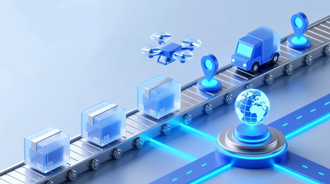 Isometric illustration of automated global logistics system demonstrating business workflow digital transformation across a modern supply chain network