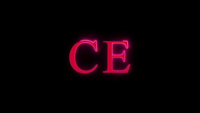 CE abbreviation made of neon letters on black background, representing certification or company