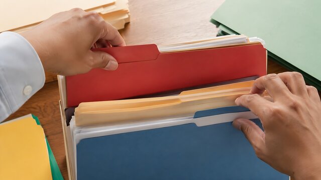Hands Segregating Files or Folders (Office / Organization)

Overhead close‑up shot of two hands (no faces, only wrists and hands) sorting through a stack of manila file folders on a wooden desk.