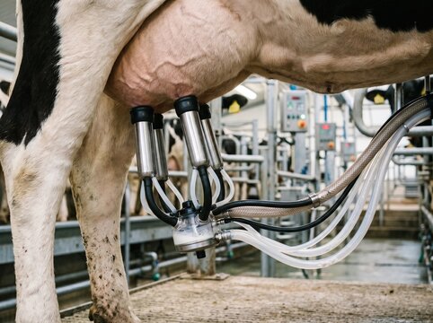 Close-up of a Holstein cow being milked by an automatic milking system in a professional dairy facility, highlighting modern food production and livestock management techniques