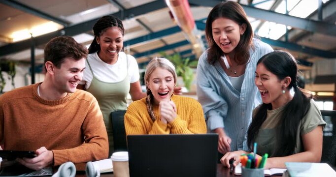 Celebration, happy or people in college with laptop, thesis success or good news on team project. University, goal or students with tech, academic achievement or lecturer approval on group submission