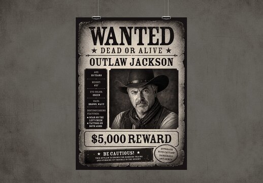 Vintage Wild West Wanted Poster Template, Old Western Outlaw Reward Flyer, Retro Sheriff Notice
