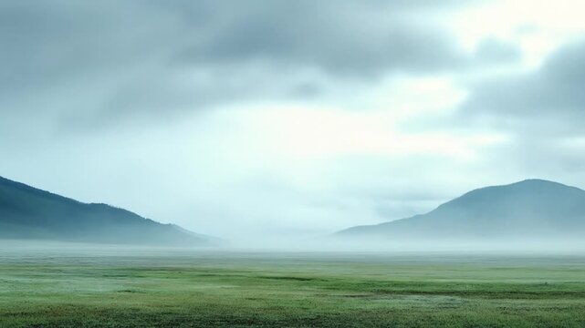 Misty landscape rolling hills and green meadow under overcast sky