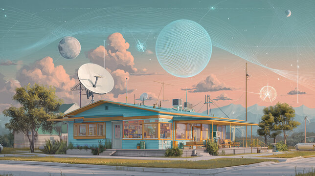 Blue single-story building with large parabolic dish and books visible through windows under a wireframe sunset