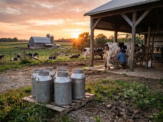 Obraz premium Traditional dairy farming scene featuring a male farmer milking a Holstein cow in an open barn at sunset, with metal milk cans on a wooden pallet and a rural countryside view