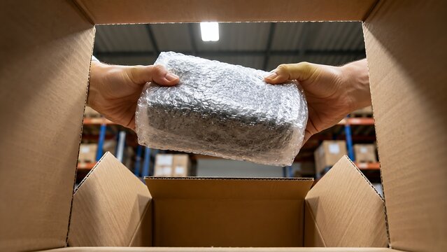 POV from Inside an Open Box Looking at Hands Packing

First‑person perspective from inside a cardboard shipping box, looking up. Two hands (no faces) lower a bubble‑wrapped item (generic shape) into