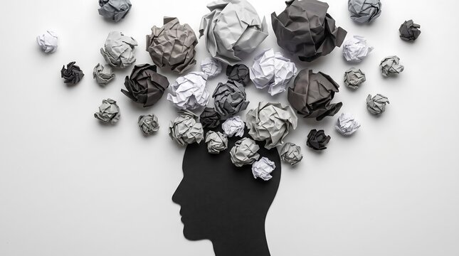 Creative brainstorming concept represented by a human head silhouette made of dark paper with many crumpled paper balls floating above brainstorming creativity thinking crumpled silhouette