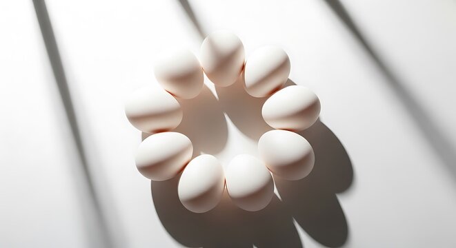 Minimalist white eggs arranged in a circle, clean aesthetic food composition, organic chicken eggs with dramatic shadows on white background