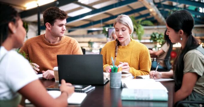 Laptop, study and tutor with people in college for research, teaching session and education project. Assignment, university and knowledge with students on campus for class schedule and exam portal