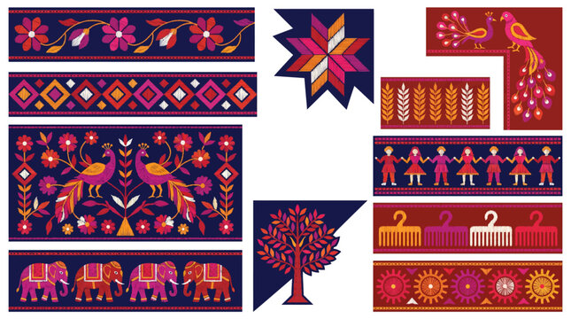 Punjabi Phulkari Embroidery Darning Stitch Border Frame Vector Set with Eight Star Diamond Bagh Garden Peacock Wheat Human Figure Tree of Life and Silk Design