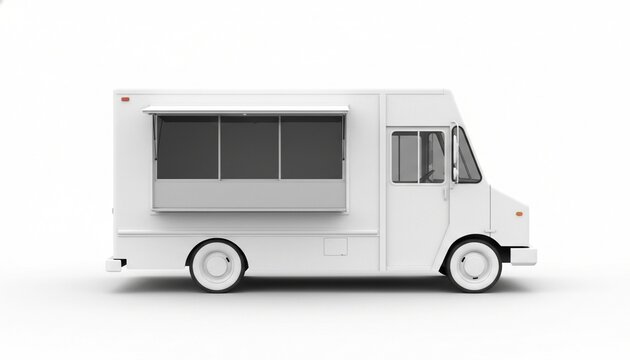 Side view of blank white food truck mockup with service window