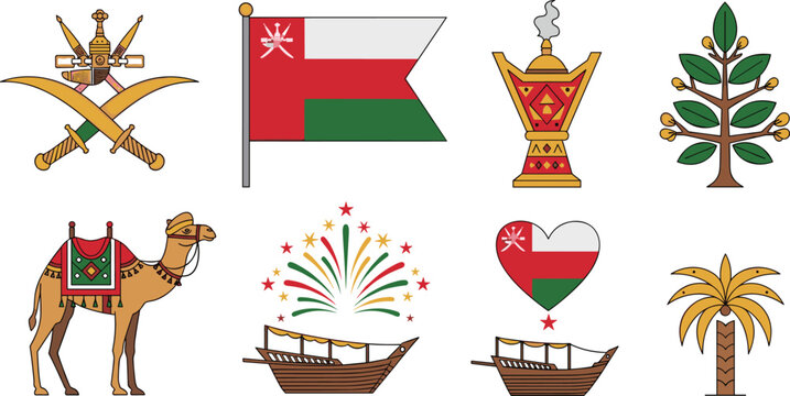 Oman National Day Vector Icon Set with Flags National Emblems Camels Dhow Ships and Cultural Holiday Elements