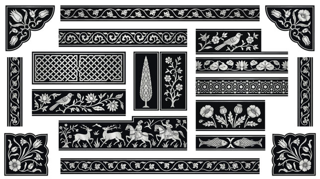 Indian Bidri Silver Inlay Metalwork Border Frame Vector Set with Scrolling Vine Tulip Poppy Arabesque Geometric Cypress Bird Lotus and Black Silver Design