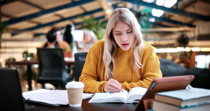 Woman, typing and college student in library with tablet, education and research for assignment task. Person, study and reading textbook in university with tech, learning or browse online for project