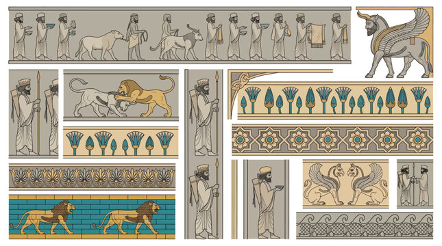 Achaemenid Persian Persepolis Palace Relief Border Frame Vector Set with Tribute Bearer Immortal Guardian Lamassu Griffon Lion Bull Palmette and Imperial Design