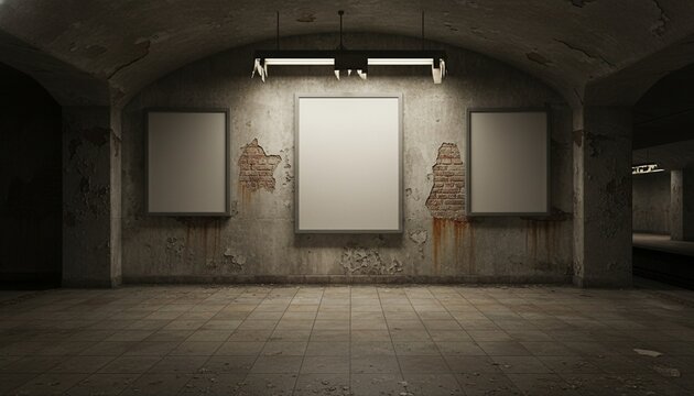 Three blank poster mockups on a worn underground wall