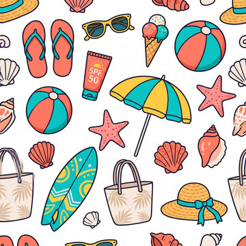 A colorful illustration of various beach and summer items on a white background