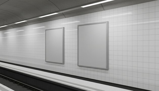 Two blank vertical posters on white tile wall in subway station