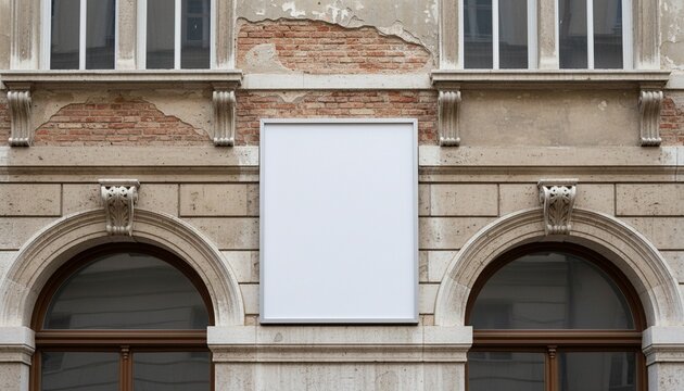 Vertical blank poster frame on an ornate historic building