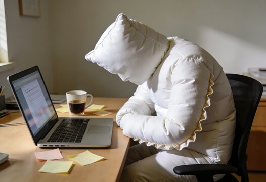 Person in oversized white puffer jacket seated at desk with laptop, coffee cup, and sticky notes, in a well-lit indoor workspace