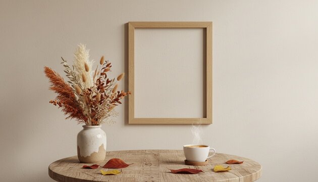 Vertical wooden frame mockup with dried flowers and coffee cup
