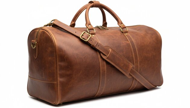 Vintage brown leather travel duffel bag on white background